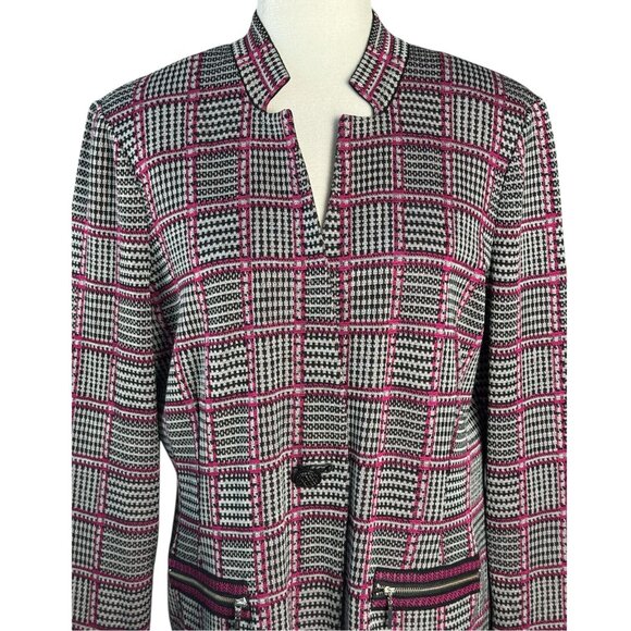 Ming Wang Women's Blazer Jacket Size L Pink Black White Plaid Knit Zip Pockets - Picture 10 of 10